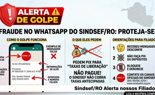 Criminosos usam nome do Sindsef/RO no WhatsApp para enganar filiados com falsos alvarás