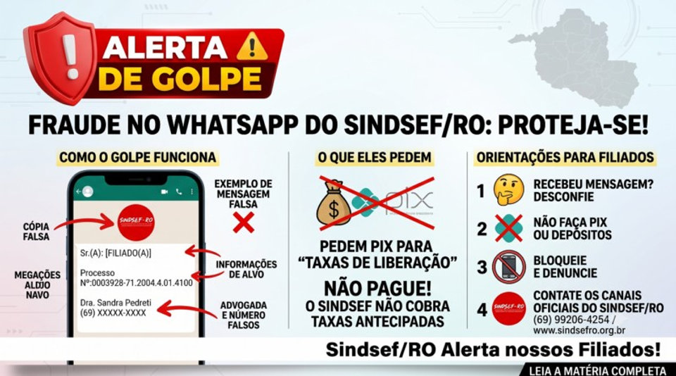 Criminosos usam nome do Sindsef/RO no WhatsApp para enganar filiados com falsos alvarás